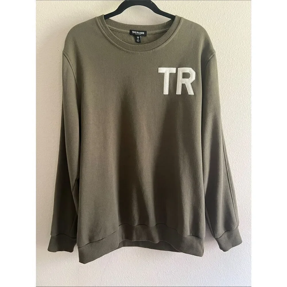 True Religion Mens TR Logo Crewneck Sweatshirt Green Pullover Fleece Casual L